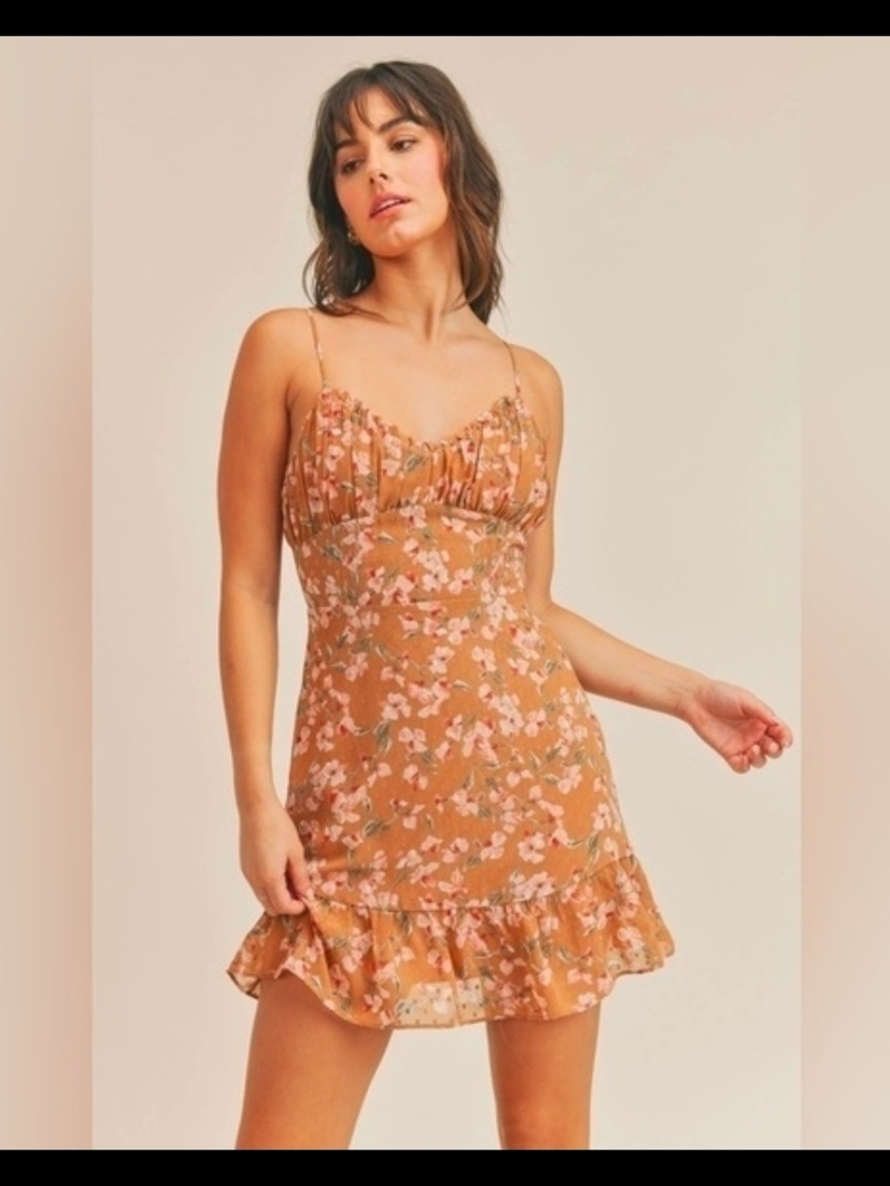 Sage The Label Rust Floral Ruffle Slip Mini Dress